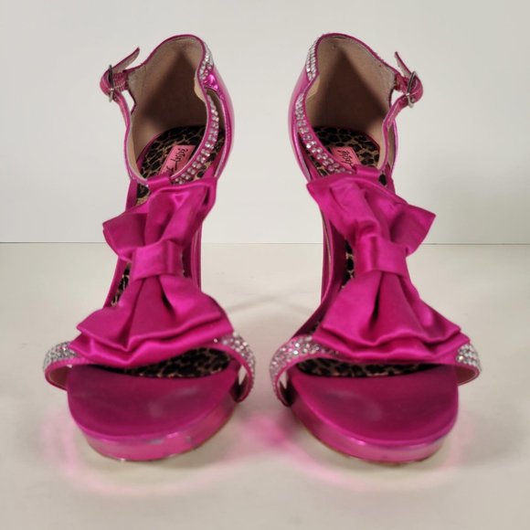 Betsey Johnson Barbiecore Pink Satin Rhinestones Bow Stiletto Shoes Women Sz  7 - Picture 5 of 13